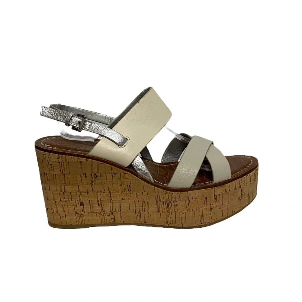 Sam Edelman Destiny Platform Fall Preppy Chic Leather Wedge‎ Sandal White Silver
